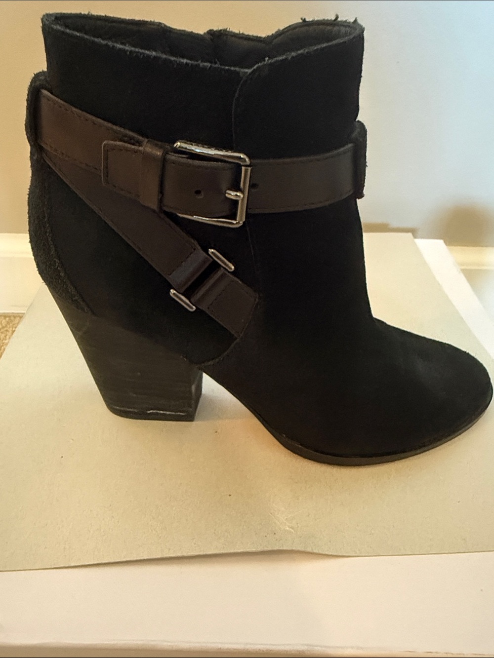 Cole Haan Black Suede Ankle Boot with Brown Buckle Strap